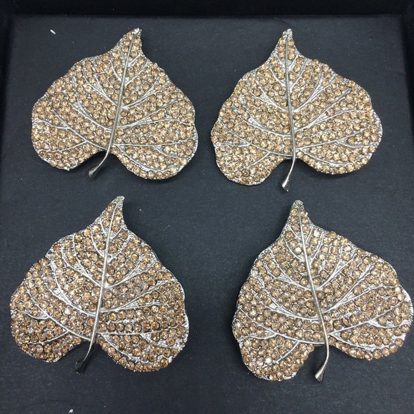 x12 Tahari Rhinestone Aspen Leaf Napkin Ring Set Elegant Fall Decor Thanksgiving - Picture 1 of 5
